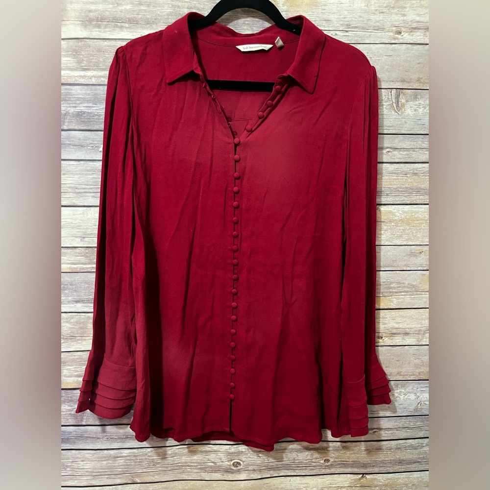 Soft Surroundings Tunic Top Red Button Front Tiered Sleeve Medium D0
